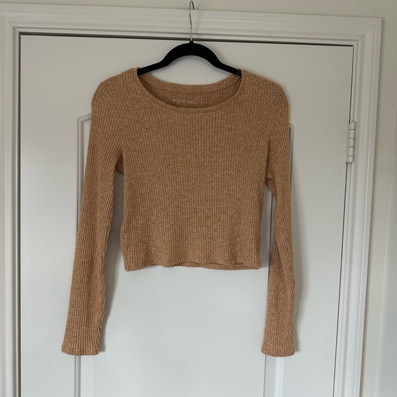 American Eagle Orange Yellow Tan Cropped Ribbed Long Sleeved Scoop Neck Shirt M - Picture 6 of 6